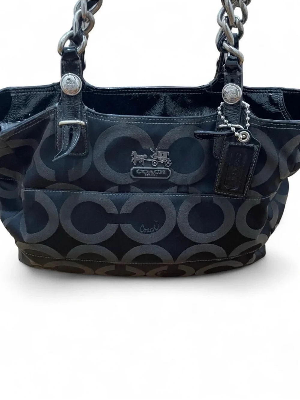 Coach Black and Dark Gray Signature Shoulder Tote with Chain Straps